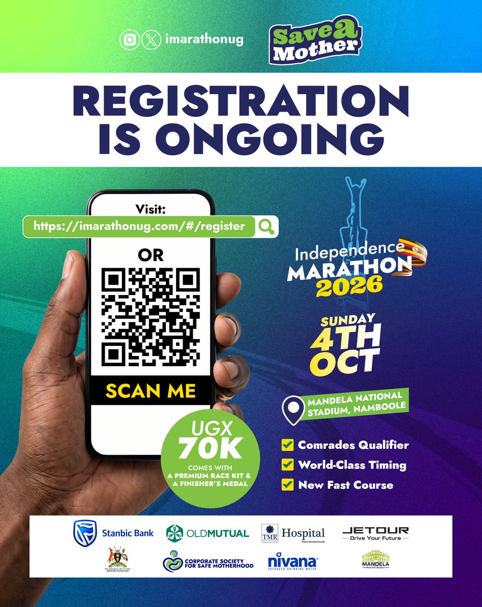imarathonug's tweet photo. Have you registered for the #IndependenceMarathon 2026? 

When - 4th October
Where - @mandelastadium

This is an opportunity to run with purpose and help #SaveAMother

Register today👉🏾 https://t.co/xsausgkYh4
We look forward to hosting you

#SaveAMother #LiveHealthy #CelebrateUG https://t.co/jYwfpqh1EM