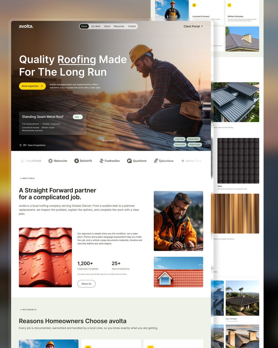itcrocofficial's tweet photo. Avolta | Roofing Website Concept
A modern, trust-focused website designed to showcase quality workmanship and make the customer journey simple.
Designed by itcroc LLC.
Get a FREE UX/UI Audit.
#Avolta #RoofingWebsite #WebDesign #UIUX #itcrocLLC https://t.co/yY7hayCAGu