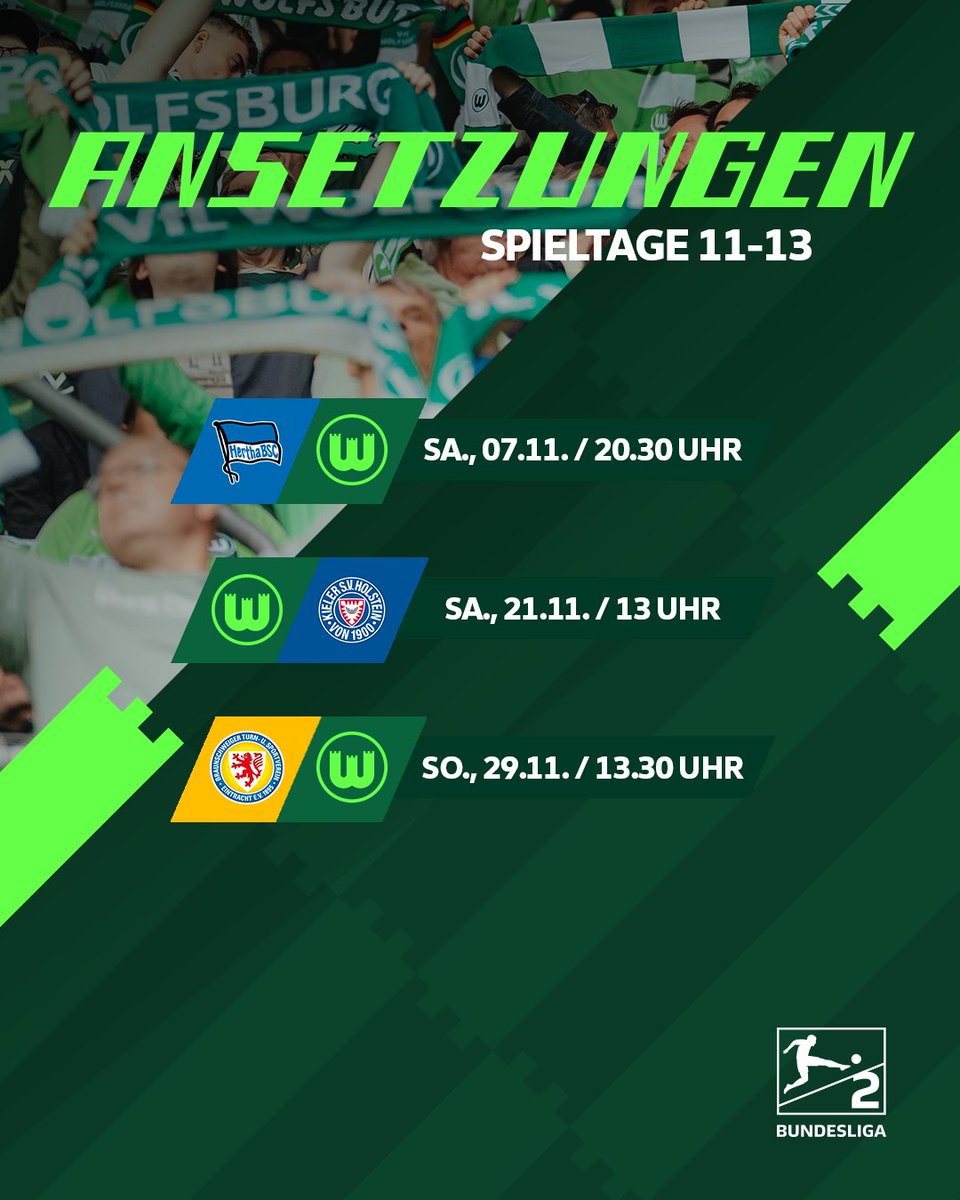 VfL_Wolfsburg's tweet photo. 📅 Die nächsten Termine stehen. Die Anstoßzeiten der Spieltage 7 bis 13 auf einen Blick.
#VfLWolfsburg https://t.co/lzGMxn172d