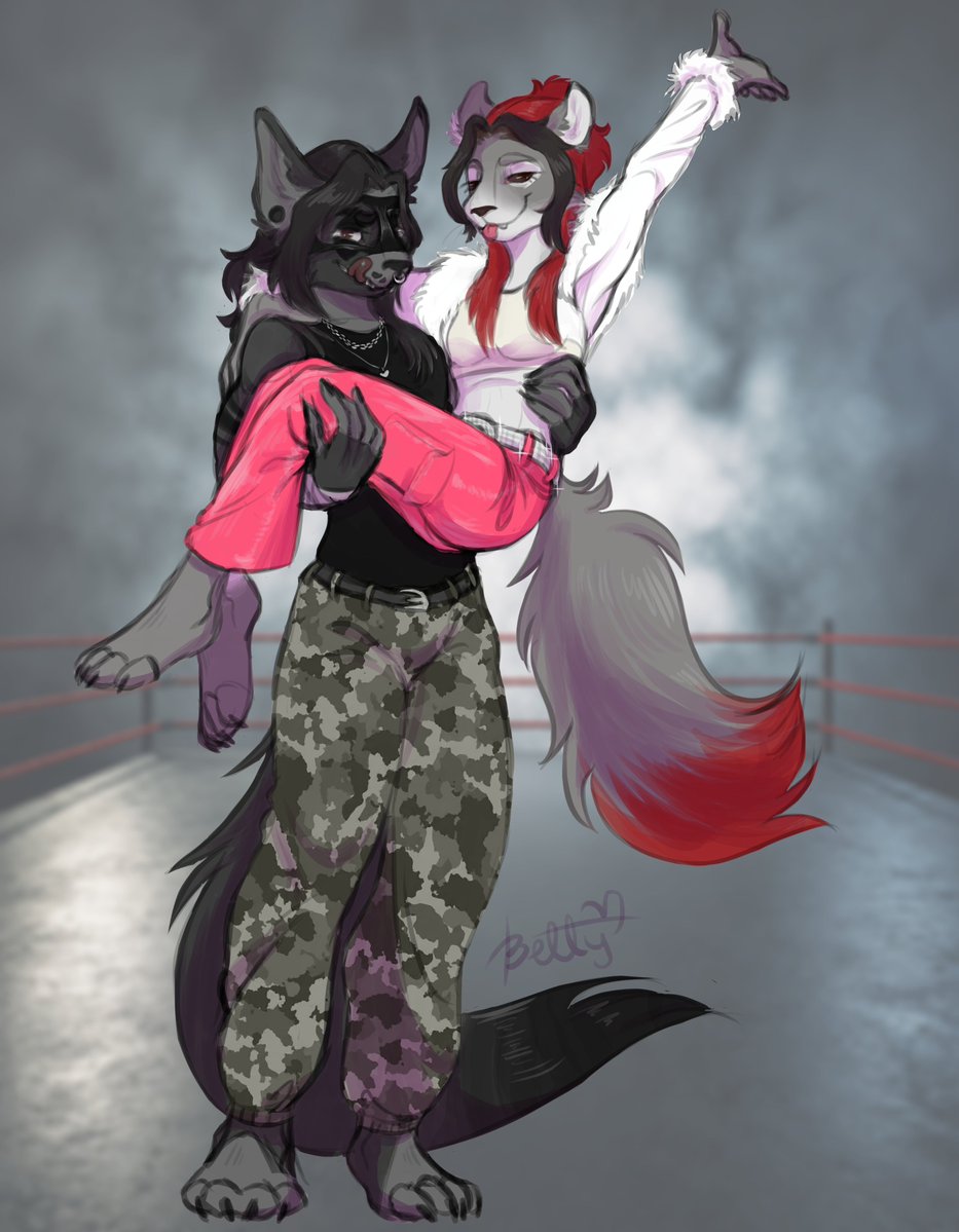 Betty0bee's tweet photo. Iyo Sky and Rhea Ripley inspired OC's ship art commission! WWE is so fun to watch! I'm just sad they made these girlfriends break up 😔 #WWE #furry #OC #cute For some reason i cant upload the speed paints cause twitter is being weird if yall want to check them go to my bsky! https://t.co/1qeBDcXxjO