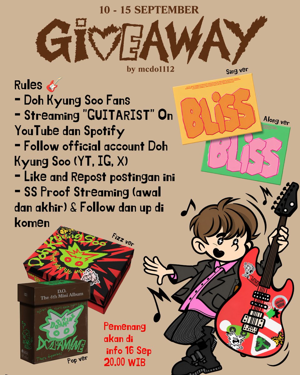 MCDO1112's tweet photo. 🥳GIVEAWAY 4 Album For Doh Kyung Soo's 4th Mini Album 🎵🎶

🎁 4 Album Sealed for 4 Winner🎁

Rules in picture👇🏻

Jgn lupa pake hastag &amp; sebutkan mau versi apa
#오후6시_도경수기타리스트
#도파민_도경수_Guitarist
#DOPAMINE_OutNow
#DOHKYUNGSOO_Guitarist
@DOHKYUNGSOO_X https://t.co/AmWDbsR9S7