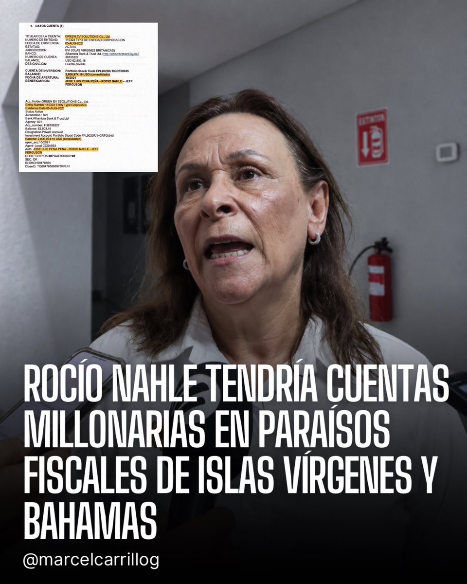 marcelcarrillog's tweet photo. Rocío Nahle tendría cuentas millonarias escondidas en paraísos fiscales de las Islas Vírgenes Británicas y las Bahamas, según documentos revelados por el empresario Arturo Castagné.

Morena lleva años predicando austeridad y acusando a ciudadanos y empresarios de no pagar impuestos, mientras la corrupta y huachicolera guarda su dinero lejos de México.

Qué conveniente: persiguen el dinero de los mexicanos mientras el suyo toma vacaciones en el Caribe.