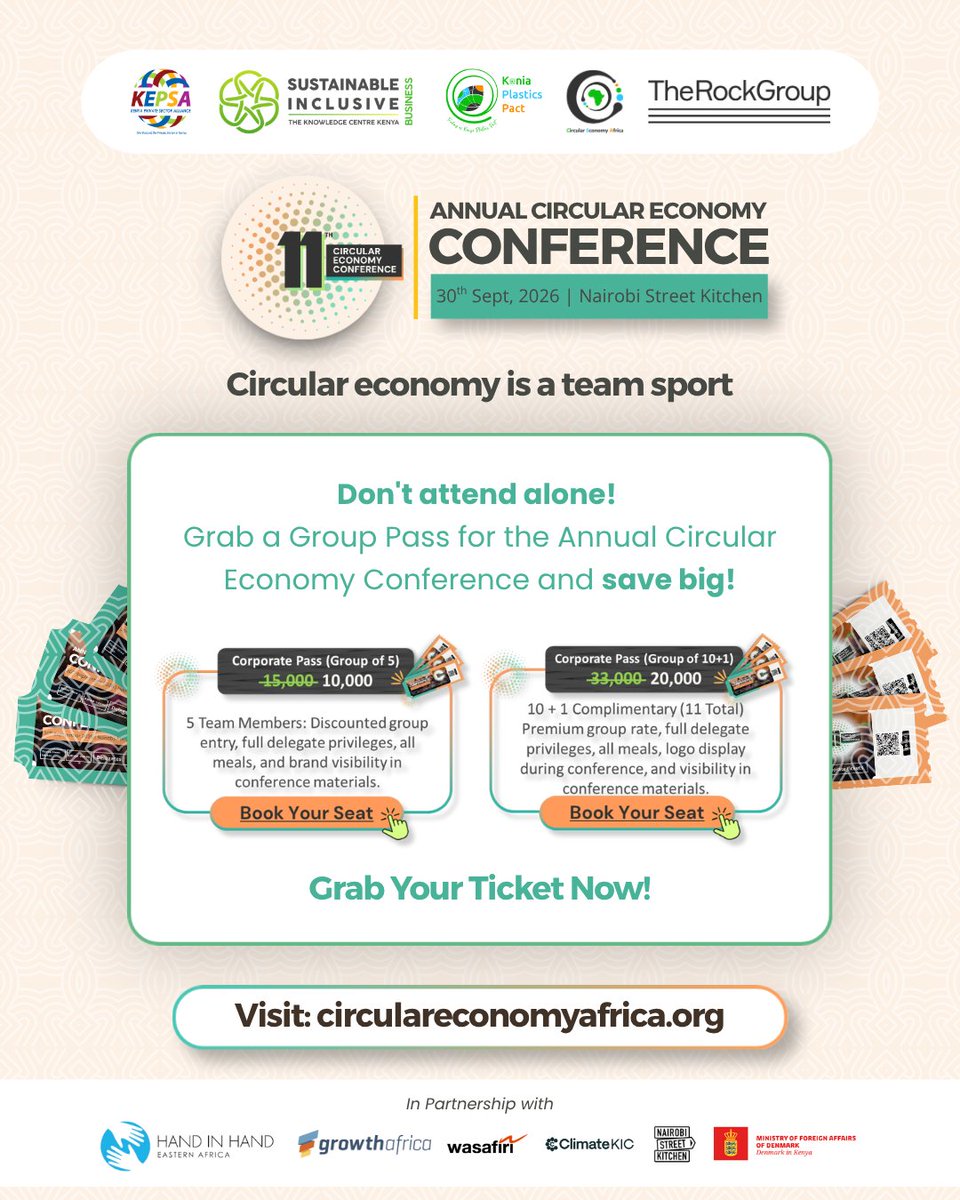 KPlasticspact's tweet photo. TAG YOUR SQUAD!
Circularity is better when we do it together. We’re making it easier than ever to bring your whole team to the #CircularityConference2026 at Nairobi Street Kitchen!
https://t.co/8GJB5XJj4u
#MakeItHappen #Sustainability #NairobiEvents #CircularEconomy https://t.co/GVbYaNb4Gq