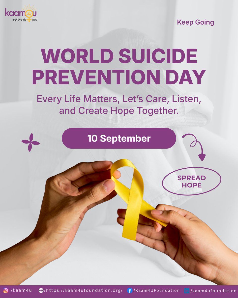 Kaam4uF's tweet photo. On World Suicide Prevention Day, let’s listen without judgment, reach out with compassion, and remind those struggling that they are not alone. 💛 Together, we can create hope and save lives. #WSPD #Kaam4UFoundation https://t.co/EeJbUMedxS
