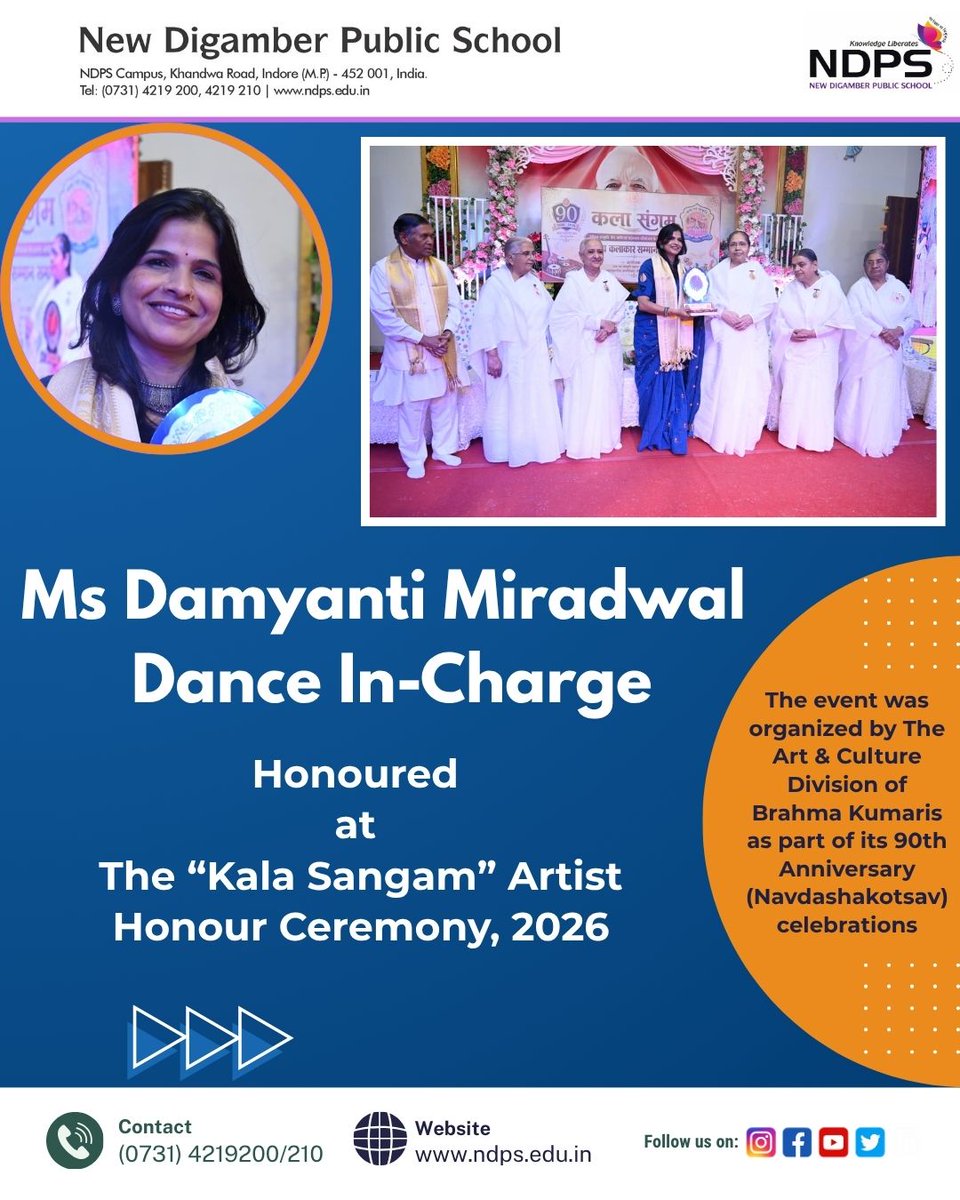 NewDigamber's tweet photo. Ms Damyanti Miradwal, Dance In-Charge, has been honoured at the “Kala Sangam” Artist Honour Ceremony for her dedicated contribution and achievements in Kathak dance and Indian art and culture. NDPS congratulates her on this prestigious recognition. https://t.co/2YVxsS8Ydg