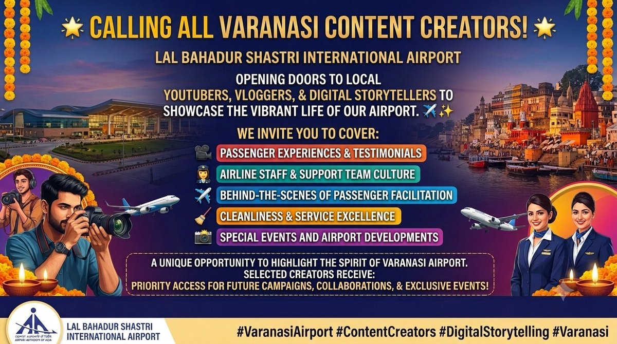 aaivnsairport's tweet photo. 🎥 Calling #Varanasi content creators! Join us in showcasing the spirit of Varansi Airport! You will be provided priority access for future publicity! ✈️ 
Interested content creaters, social media influencers can mail to  'apdvns@aai.aero' or DM us @aaivnsairport https://t.co/X5pZW6MbSv