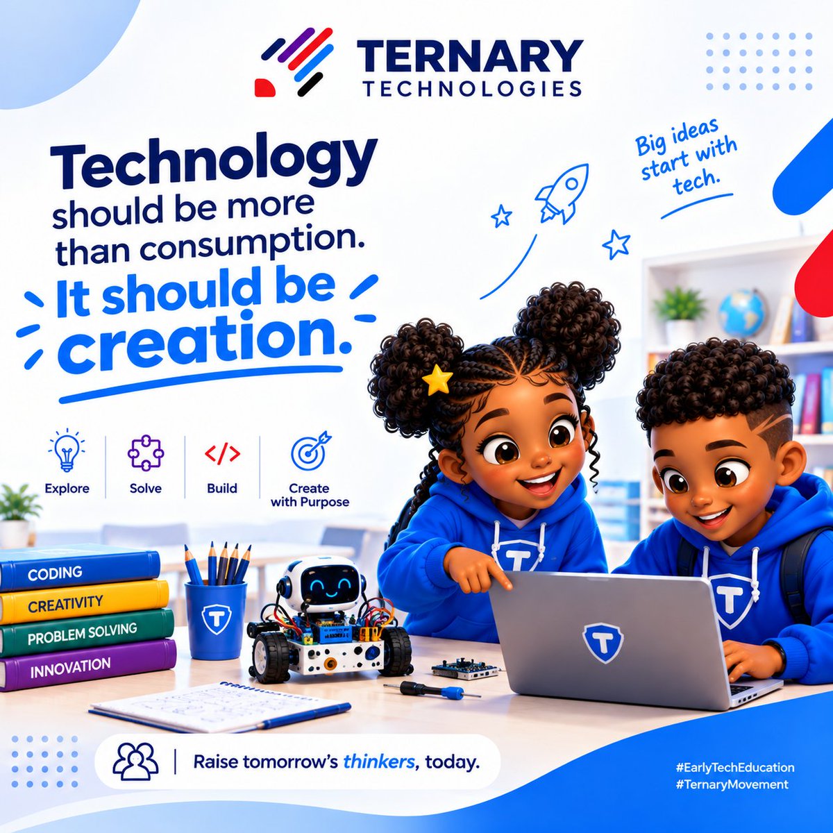 Ternary_Techies's tweet photo. Technology should be more than something children consume. It should be something they learn to create with. 💻💡
Teach them to explore, solve problems, build ideas, and use technology with purpose. The earlier they start, the more confident they become.
#Ternarytechies https://t.co/QzFdkosZRm
