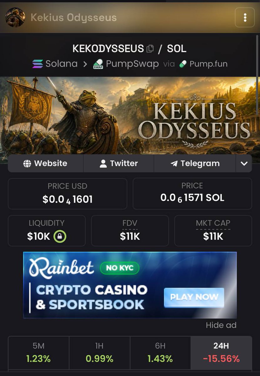 ulixes_maximus's tweet photo. kekodysseus fell from a 2 million market cap to an 11k market cap, the devs fixed things, and as the only one claiming the title of Kekius Odysseus and simply $ODYSSEUS only ours remains. https://t.co/QxxxhjnWtT