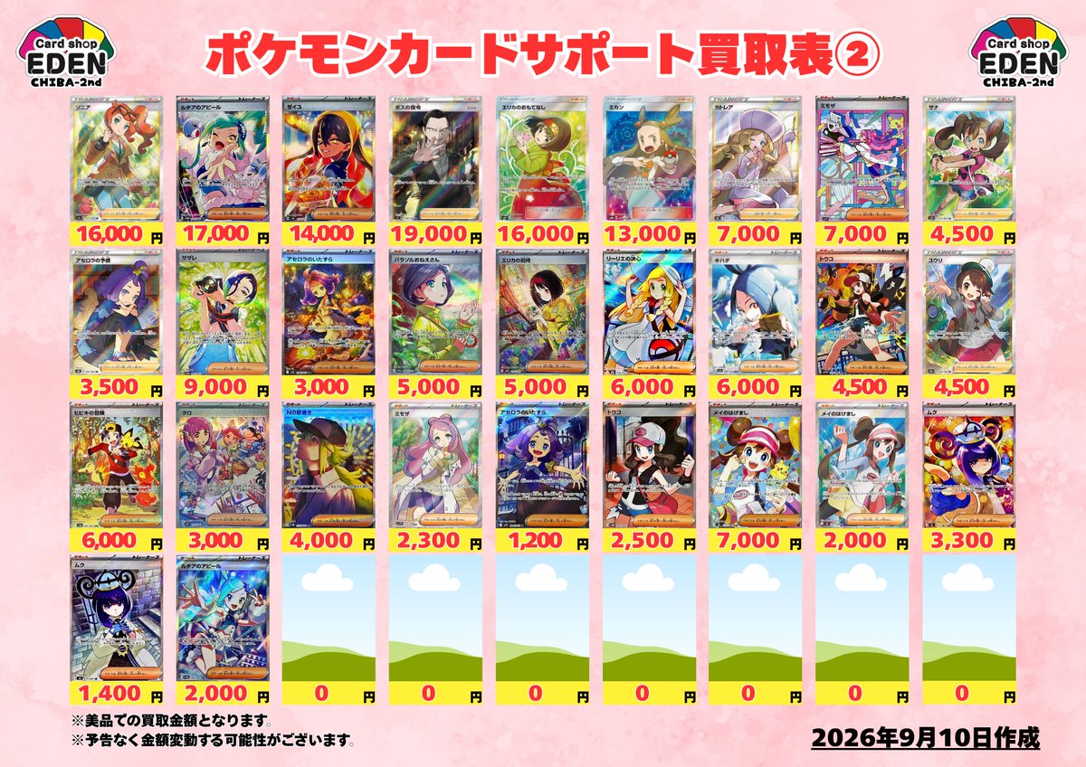 EDEN02_tcg's tweet photo. 🌼ポケモンカードサポート買取表🌼

#ポケモンカードゲーム
サポートカードの買取表更新しました🆙✨  

💜アセロラ
💚ナタネ
💛ナンジャモ

画像外のサポートカードも大募集中‼️ 
皆さまのお持ち込みお待ちしております💫  

#カードショップEDEN  #千葉中央 
#ポケモンカード #ポケカ #買取表 https://t.co/LxYTmZgvXK