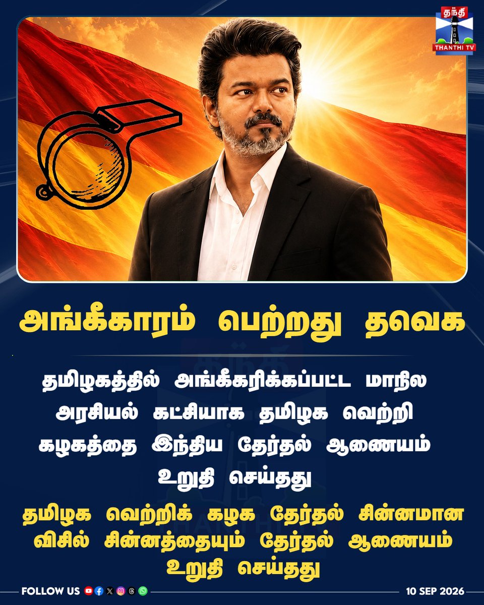 ThanthiTV's tweet photo. "தவெக-விற்கு அதிகாரப்பூர்வ அங்கீகாரம்!" - தேர்தல் ஆணையம் உறுதி!

#TVK #CMVijay #WhistleSymbol #ECI #TamilNaduPolitics #ThanthiTV #தந்திடிவிடிஜிட்டல் https://t.co/2s6okW81ru