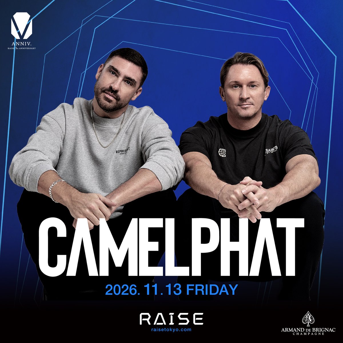 RAISE_TOKYO's tweet photo. RAISE 5th ANNIVERSARY
feat.CAMELPHAT

ARGY、Kevin de Vries、Baset、OMNYA、Fideles、Colyn。

今年、RAISEは世界のメロディック・ハウス＆テクノ、その最前線を追い続けてきた。

いくつもの熱狂を積み重ね、
5周年の夜、そのすべてがひとつにつながる。

集大成として迎えるのは、CAMELPHAT。

ハウスからAfterlifeまで、
世界のフロアを揺らしてきた圧倒的なサウンド。

RAISEが歩んできた5年間の到達点と、
次の始まりを刻む夜。

ARGY, Kevin de Vries, Baset, OMNYA, Fideles, Colyn.
This year, RAISE has continued to push forward at the forefront of the global melodic house & techno scene.
After countless unforgettable nights, everything comes together for our 5th Anniversary.

To mark this milestone, we welcome CAMELPHAT.
From house to Afterlife, their unmistakable sound has moved dance floors around the world.

A night that marks the culmination of RAISE’s first five years and the beginning of what comes next.

- イベント情報 -
開催日: 2026年11月13日（金曜日）
開催時間: OPEN 20:00 / CLOSE 4:30
出演者: CAMELPHAT
会場 : RAISE
URL : https://t.co/NcSJwjPMOK

#raisetokyo #Tokyo #camelphat #tokyonightclub @CamelPhat