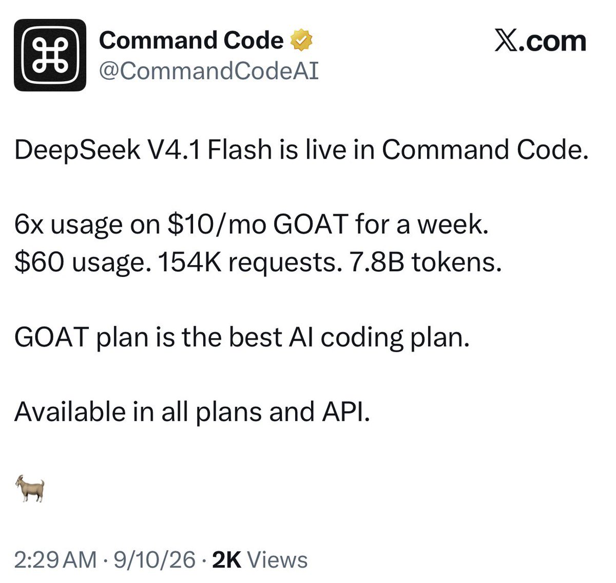 wanxubo's tweet photo. 我靠，现在Deepseek v4.1 flash 

10美元的command goat 和open code go 套餐都提供60🔪的额度

不过open code go 限时3天
Command code goat 限时1周

我闭着眼睛都知道买哪个😂 https://t.co/DrEETLu5ij
