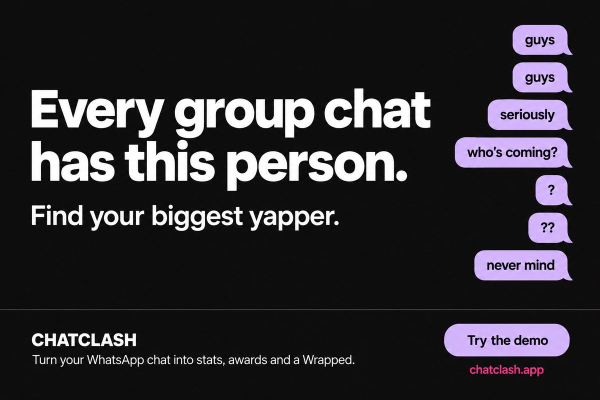 ChatClashApp's tweet photo. Seven messages. No replies. “Is anyone reading this?”

You already thought of someone.

Turn your WhatsApp chat into a Wrapped with stats and awards. Find the biggest yapper, then send them the evidence.

Try the demo → https://t.co/ywOywChAmY

#groupchat #whatsapp #funny #fyp #wrapped