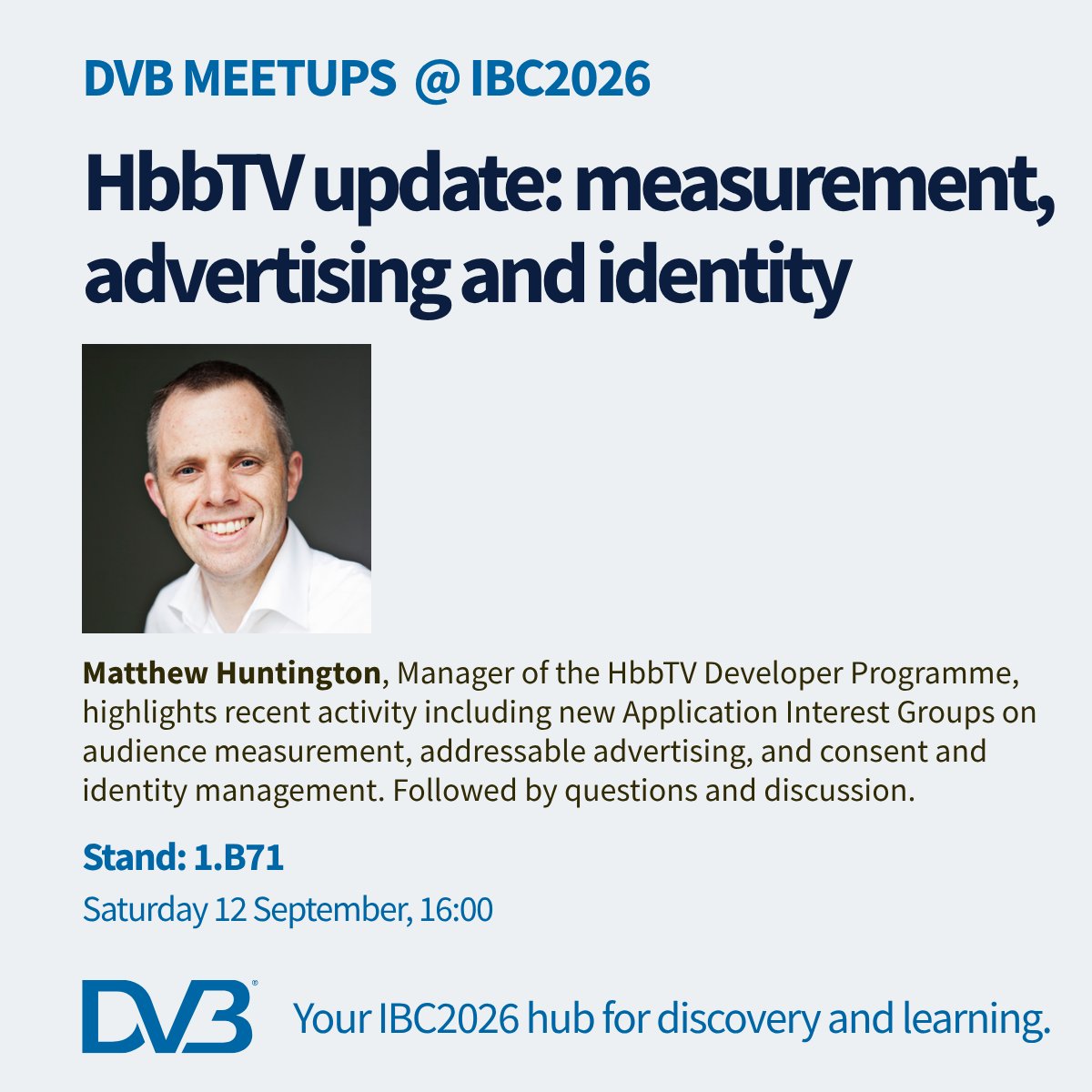 HbbTV_official's tweet photo. Mark the date: Saturday, 12 September, 16:00 CEST: #HbbTV update at #IBC. See you at the #DVB stand (1.B71)! https://t.co/omMynzE7gm https://t.co/XC1jlfjG4M