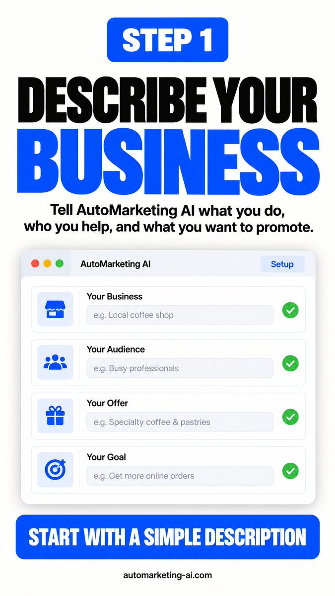 AutoAiMarketing's tweet photo. Create a full week of social media content in minutes with AutoMarketing AI.

Describe your business, choose what you want to promote, let AI build the content plan, review the posts, and schedule everything from one place. https://t.co/uKYOisjKFz