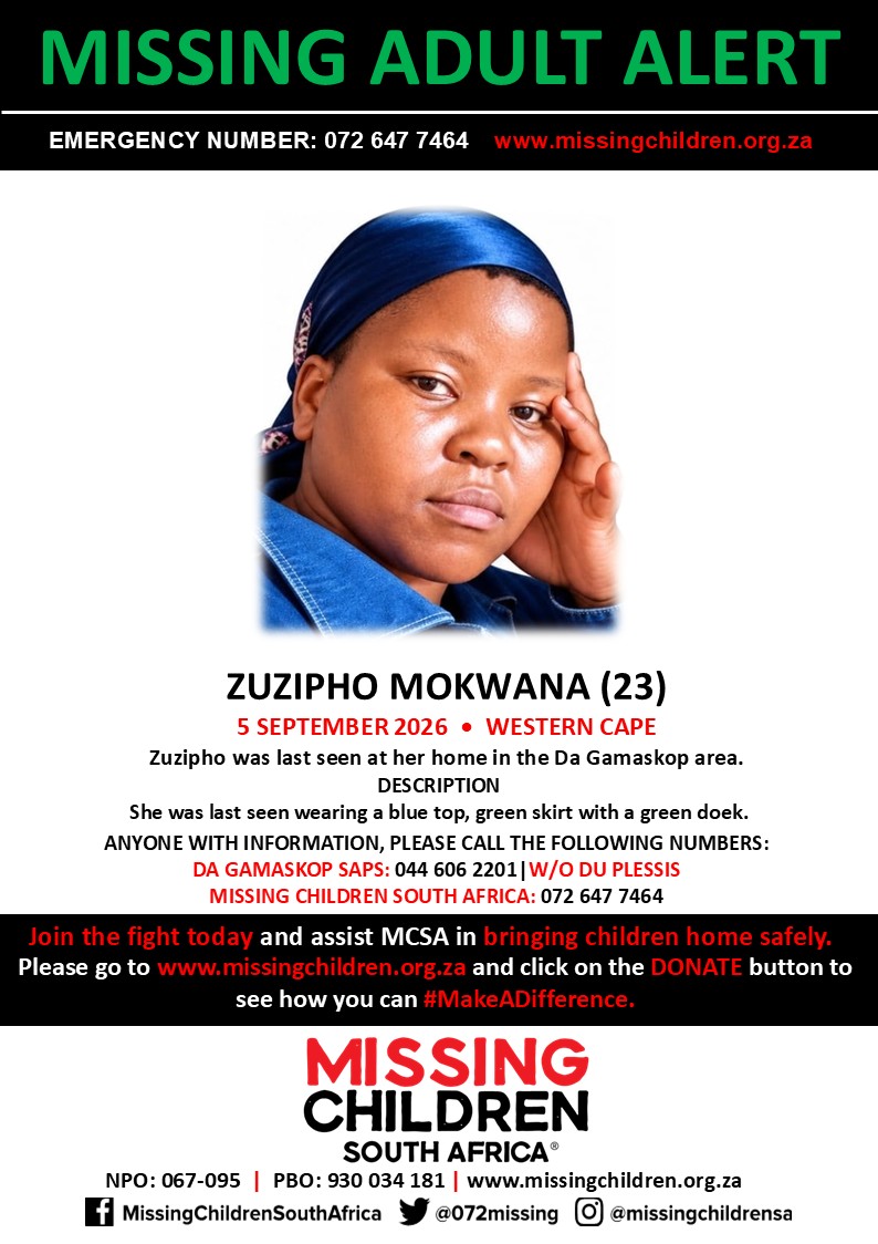 072MISSING's tweet photo. #MCSAMissing 

Zuzipho Mokwana (23) was last seen 5 September 2026.

If you personally, or your company | or your place of work, would like to make a donation to #MCSA, please click here to donate: https://t.co/x07yLZW7KQ Thank you https://t.co/74nBFYvymr
