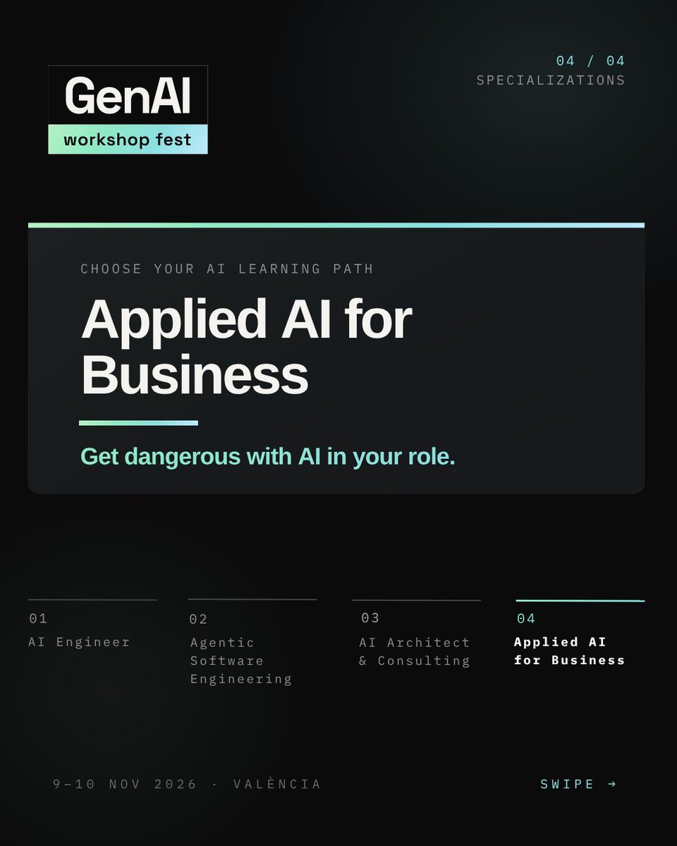 GenAIWFest's tweet photo. You don’t need an engineering role for AI to become part of how you work. 💡

The shift starts when you move from simply using AI to building around the workflows you already know.

That’s where Track 04/04: Applied AI for Business begins. 👇 https://t.co/8gPxvw38h2
