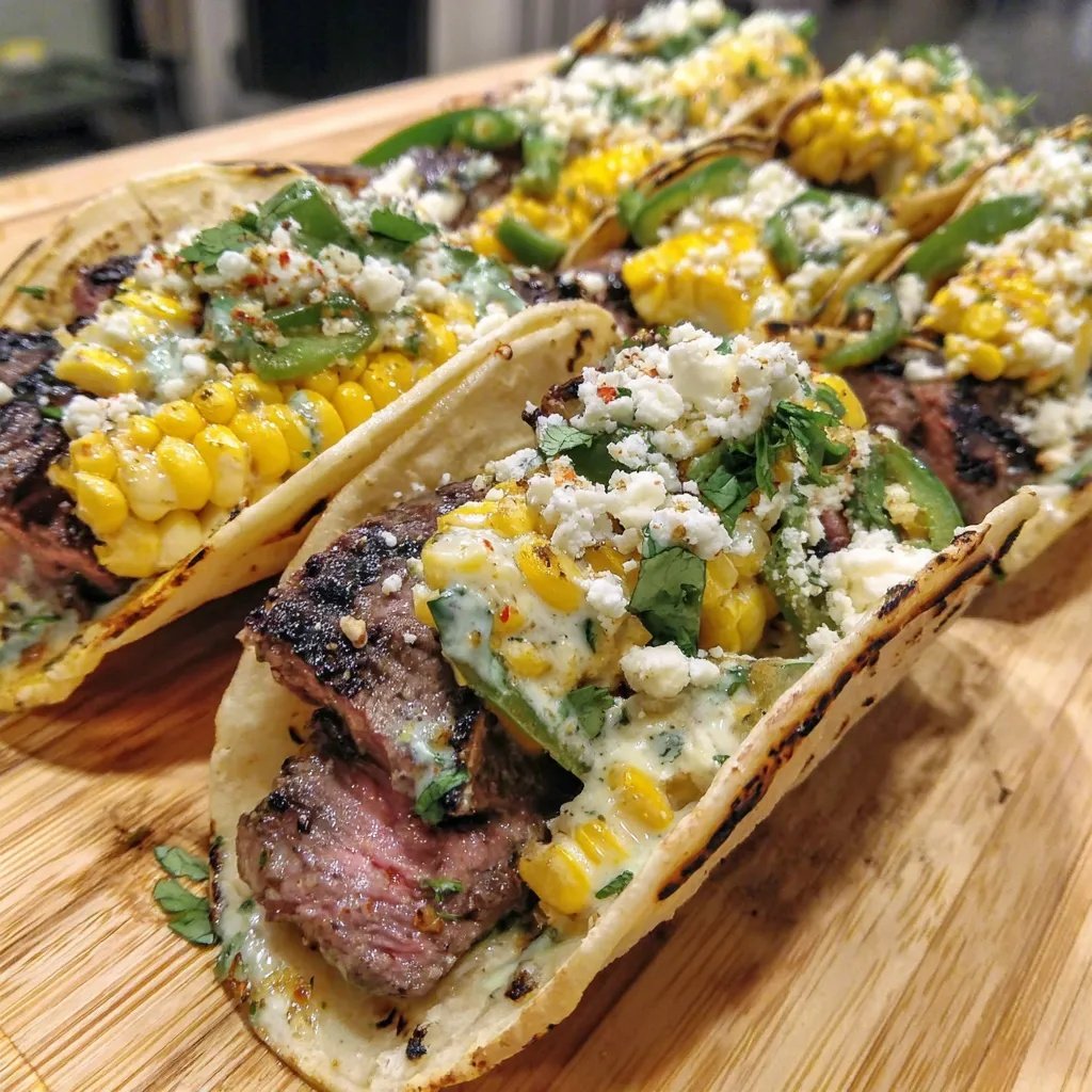 recipesbyclare's tweet photo. Grilled Elote Steak Tacos

Ingredients:
- 2 ribeye steaks
- Salt to taste
- Black pepper to taste
- 4 ears fresh corn, husked
- 2 tablespoons mayonnaise
- 2 tablespoons sour cream
- ¼ cup fresh cilantro, chopped
- ½ cup cotija cheese, crumbled
- Juice of 1 lime
- Zest of 1 lime (optional)
- 8 small flour or corn tortillas
- 1 jalapeño, thinly sliced (optional)
- Extra lime wedges for serving

Instructions:
1. Heat the grill: Preheat your grill to medium-high heat and make sure the grates are clean.
2. Grill the corn: Place the husked corn directly on the grill. Cook for 10-12 minutes, turning occasionally, until the kernels are charred and tender all around.
3. Cut the corn: Remove corn from grill and let it cool slightly. Once cool enough to handle, use a sharp knife to cut the kernels off the cobs into a large bowl.
4. Make elote mixture: Add mayonnaise, sour cream, chopped cilantro, cotija cheese, lime juice, and lime zest to the bowl with corn. Mix everything together until well combined.
5. Grill the steaks: Season ribeyes generously with salt and pepper on both sides. Grill for 4-5 minutes per side for medium-rare, or until they reach your preferred doneness.
6. Rest and slice steak: Remove steaks from grill and let them rest for 5 minutes. Then slice thinly against the grain for the most tender bites.
7. Warm the tortillas: Place tortillas on the grill for about 1 minute per side until they're warmed through and have light char marks.
8. Assemble and serve: Place sliced steak on each warm tortilla and top with a generous spoonful of the elote mixture. Add jalapeño slices if desired and serve with lime wedges.