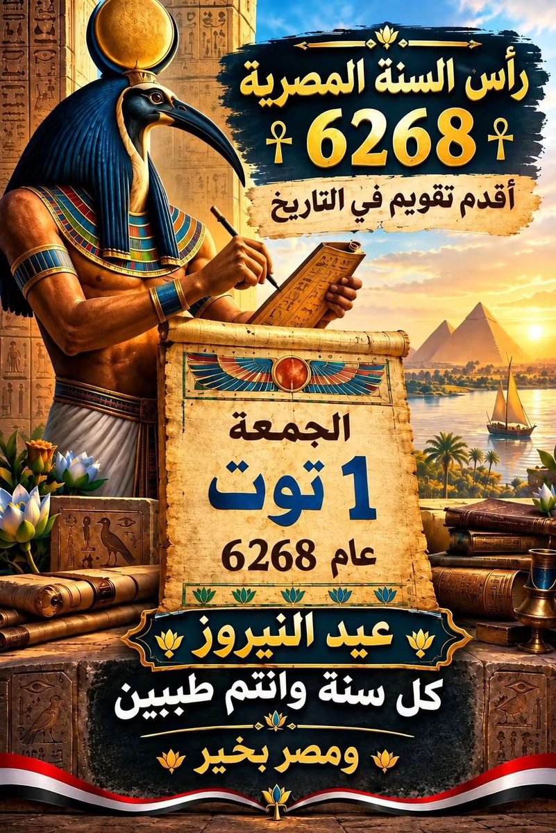 madanya2026's tweet photo. 🇪🇬🌞 رأس السنة المصرية 6268..عيد النيروز 
حكاية تقويم عمره آلاف السنين!

هل تعلم أن المصريين يحتفلون ببداية عام جديد منذ آلاف السنين؟
ومع حلول رأس السنة المصرية 6268، نستعيد واحدة من أقدم صفحات التاريخ المصري، حين ارتبطت بداية العام بدورة الطبيعة وفيضان النيل والزراعة والحياة.

كان المصري القديم يطلق على رأس السنة اسم «وبت رنبت»، أي «افتتاح السنة»، وكانت السنة المصرية تتكون من 365 يومًا، مقسمة إلى 12 شهرًا، بالإضافة إلى خمسة أيام تُعرف بـأيام النسيء.

🌊 النيل كان في قلب الحكاية
ففي مصر القديمة لم يكن النيل مجرد نهر، بل كان مصدر الحياة. وكان قدوم الفيضان إيذانًا ببداية دورة زراعية جديدة، ولذلك ارتبطت السنة الجديدة بالأمل والخصوبة وتجدد الحياة.

🌾 ثلاثة فصول صنعت السنة المصرية:
🔹 أخت: فصل الفيضان.
🔹 برت: فصل الإنبات والنمو.
🔹 شمو: فصل الحصاد.

🌟 ومع مرور الزمن ارتبطت هذه المناسبة بعيد النيروز في التقليد القبطي، الذي يحتفظ ببقايا واضحة من نظام التقويم المصري القديم.

وهكذا، فإن الاحتفال بـرأس السنة المصرية 6268 ليس مجرد بداية رقم جديد، بل تذكير بحضارة استطاعت أن تضع نظامًا زمنيًا دقيقًا، وتجعل من النيل والشمس والزراعة جزءًا من إيقاع الحياة.

🇪🇬 كل عام ومصر وتاريخها العظيم بخير… من مصر القديمة إلى مصر اليوم!
Maher gawad
