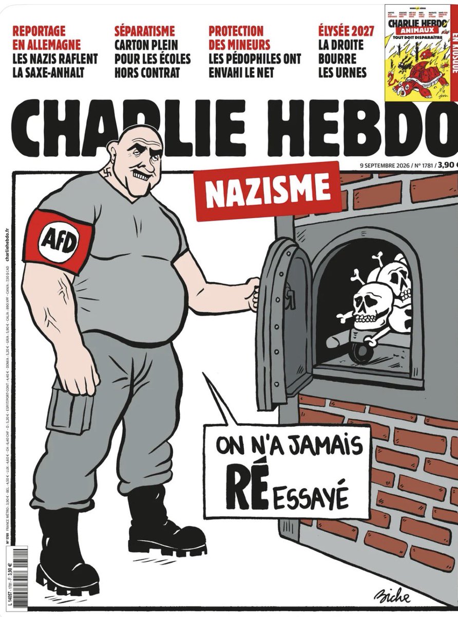 Faktencheck2030's tweet photo. ‼️Charlie Hebdo reagiert auf den deutschen Rechtsextremismus.
#AfDzerstörtDeutschland https://t.co/4h8nSrAR2E