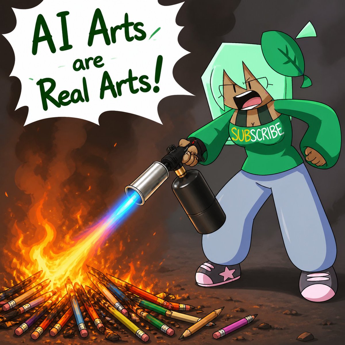 Bitspooky's tweet photo. @HuggyTheMonster @EvilGlunkinator No no no, that's not how it works! We have the new trend called #BurnThePencil that against your "Pencil Shaper fix broke pencils" logics.
Started at @bubbly_vaporeon who says AI Art is not real art for example. https://t.co/5yk5oaj9sr