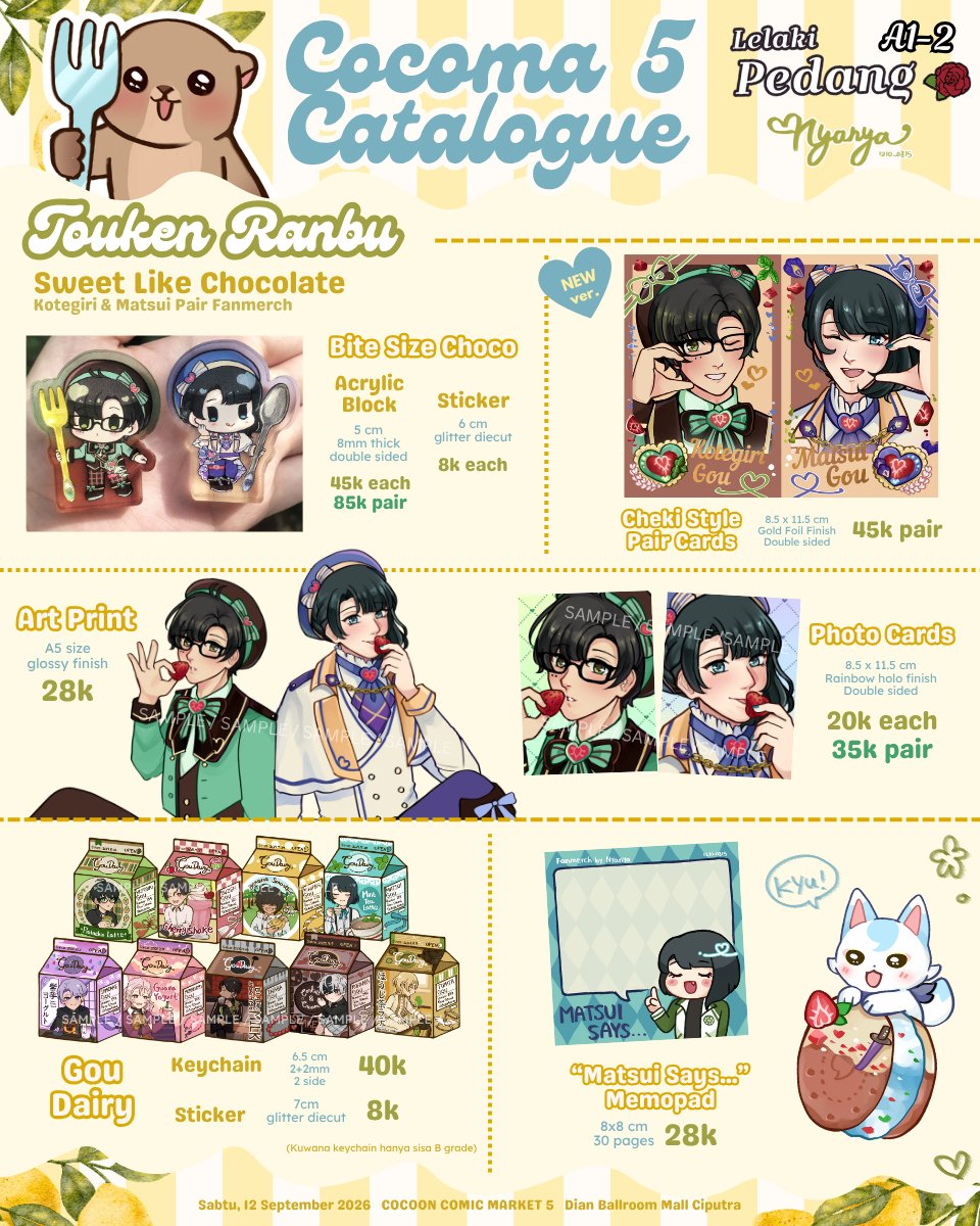 1210_0815's tweet photo. Halo guys, ini personal catalogue aku untuk COCOMA 5, semua items OTS only ya 🫶 Mampir aja ya guys, sampai ketemu disana!

⚔️Lelaki Pedang A1-2
💙TKRB, Original, sedikit Gundam UC
🍋Dian Ballroom, Ciputra Mall Grogol, Jakarta
🥤DAY 1 ONLY - Sabtu, 12 September 2026
#COCOMA5 https://t.co/eKWCdoShEe