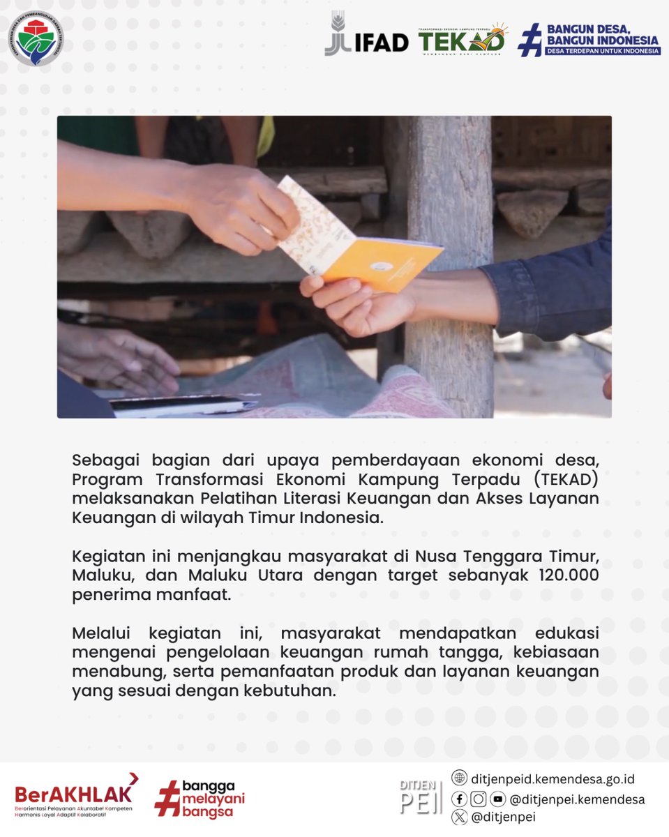 DitjenPEI's tweet photo. Literasi keuangan membantu keluarga desa di Timur Indonesia lebih bijak mengelola masa depan bersama Program TEKAD. Simak selengkapnya di Gerbang Indonesia Timur!

#TEKAD
#GerbanglndonesiaTimur
#BangunDesaBangunIndonesia
#KemendesaPDT https://t.co/1w0WvtOpuF