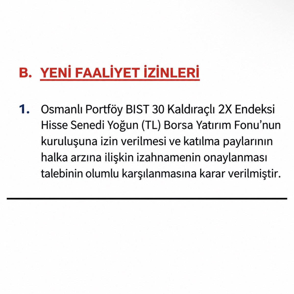 borsacibirgenc's tweet photo. Borsaya yeni bir oyuncak geliyor.
Osmanlı Portföy, BIST 30’un 2 katı hareket etmeyi hedefleyen kaldıraçlı fon kuruyor.
Şöyle düşünün, normal Tüpraş almak yerine 2X kaldıraçlı Tüpraş alıyorsunuz.
Tüpraş %10 yükselirken sizin hisseniz %20 civarında yükseliyor.
Bence harika bir olay.
Olay aslında çok basit.
BIST 30 %2 yükselirse fon yaklaşık %4 yükselmeyi hedefleyecek. Endeks %2 düşerse bu sefer yaklaşık %4 düşüş göreceğiz.
Yani bugünden itibaren seçime kadar BIST 30 %70 yükseldi diyelim, buradaki yükseliş yaklaşık %140 olacak.
Bence böyle bir fon kurmak için geç bile kalındı.
ABD’de de bu tarz fonlar yıllardır var.
Hatta Google, Tesla gibi tek hisse üzerinde 2X hareket eden fonlar bile var.
Bu sayede tek tek kredili hisse al, VİOP aç, teminatla uğraş derdi olmadan kaldıraçlı pozisyon alma imkanımız olacak.
Ama tabii bizim millet 2X görünce önce kazancı hesaplar.
İşin bir de öbür tarafı var. Kaldıraç kazancı 2’ye katlıyorsa, dayağı da 2’ye katlıyor.
