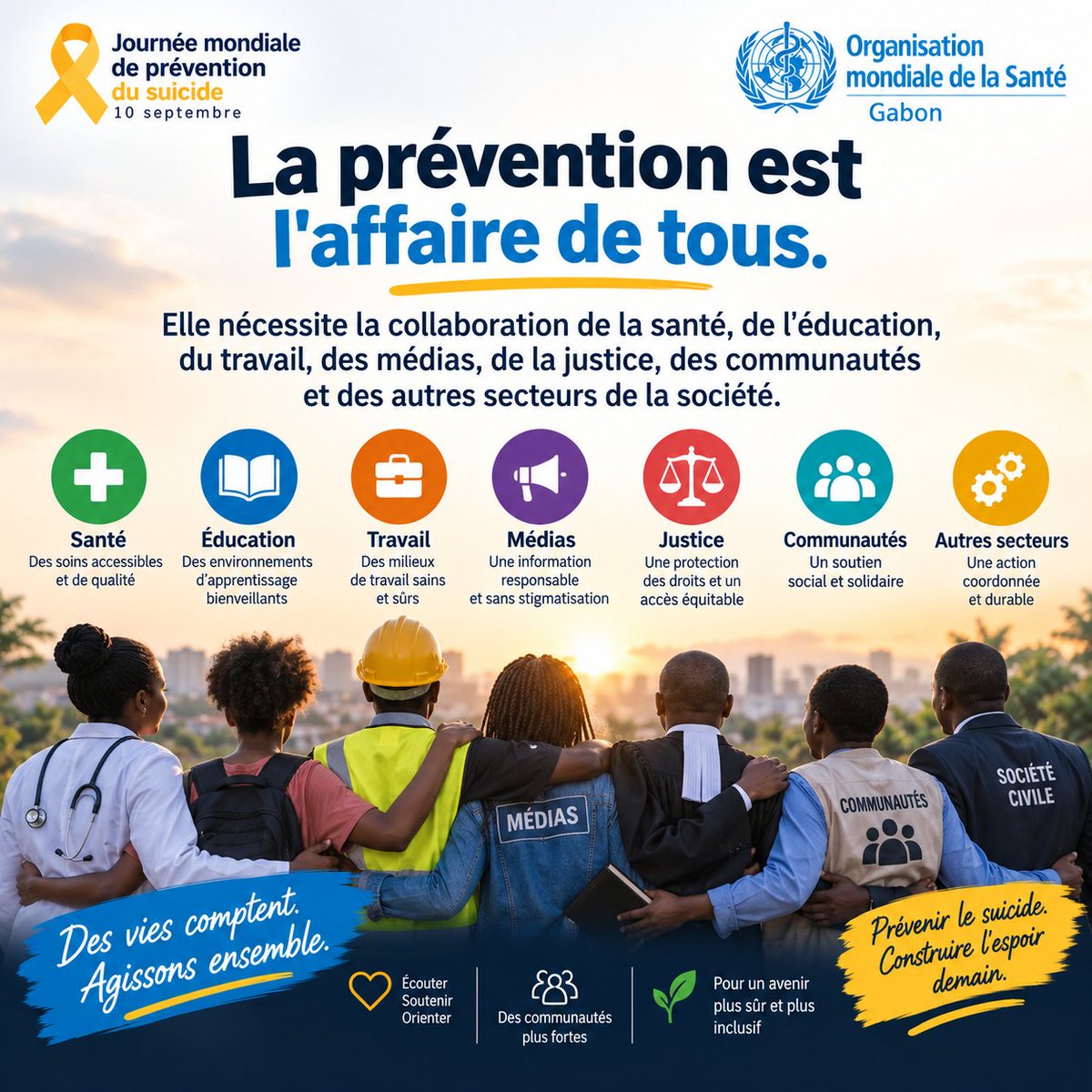 OMS_GABON's tweet photo. À l'occasion de la Journée mondiale de prévention du suicide, rappelons que le suicide peut être évité.

💬 Parlons-en.
 🤝 Écoutons sans juger.
 ❤️ Soutenons les personnes en détresse.

🌍 Ensemble, faisons de la prévention du suicide une priorité.
#SantéMentale #OMS #Gabon https://t.co/y1KxizoJK0