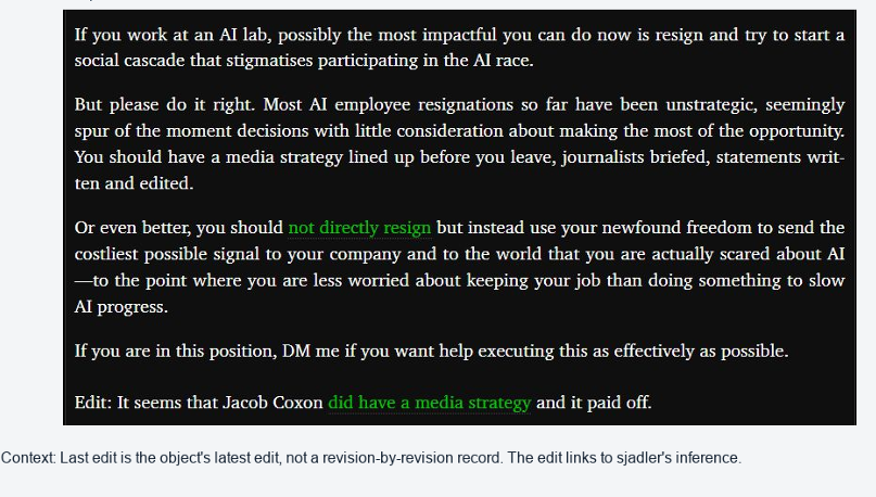 LikeCryptos's tweet photo. Something about the Jacob Coxon story doesn't add up.

Coxon appeared essentially overnight, resigned from Anthropic, accused the AI industry of “gambling with our lives,” and his posts exploded to 100M+ views while major media and prominent AI-safety figures amplified him.

But this wasn't simply a researcher spontaneously posting his fears online.

The Wall Street Journal had already interviewed Coxon about his resignation and published an exclusive based on those conversations. Coxon discussed Anthropic's internal Slack, “crunchtime,” “endgame,” and his reasons for leaving.

I somehow found myself checking out Joseph Miller.

Miller is Director of PauseAI UK. Today, on LessWrong, he linked directly to Coxon's resignation and told AI-lab employees that resignations should be deliberately engineered for maximum impact:

“start a social cascade that stigmatises participating in the AI race.”

His instructions?

“You should have a media strategy lined up before you leave, journalists briefed, statements written and edited.”

He then offered:

“If you are in this position, DM me if you want help executing this as effectively as possible.”

And then Miller added this:

“Edit: It seems that Jacob Coxon did have a media strategy and it paid off.”

That's a hell of a statement given what happened.

Miller isn't some anonymous commenter. He runs PauseAI UK, an organization engaged in political advocacy, campaigns and media engagement aimed at stopping or slowing frontier AI development.

And there's another thing.

Miller published an article in July titled “Why PauseAI UK accepts anonymous donations.”

In it, he explicitly acknowledges the obvious concern:

“The main concern here is that PauseAI UK could be an astroturf campaign…”

He discusses hypothetical undisclosed funders including AI investors, AI companies pursuing regulatory capture, investors seeking regulation that affects AI valuations, and others who could financially benefit from portraying AI as extraordinarily dangerous.

In my opinion, this gives us some very specific questions that deserve answers:

Who developed Coxon's media strategy?

Who briefed the journalists?

Who helped write or edit the statements?

Was Coxon in contact with Joseph Miller or PauseAI before his announcement?

And who knew this announcement was coming before the public did?

Because Coxon's story is being presented to millions of people as the spontaneous warning of a terrified AI researcher.

The public deserves to know whether what they actually witnessed was a pre-planned advocacy campaign.

Sources below for as long as they leave them up: 

Joseph Miller — Coxon / media-strategy Quick Take:
https://t.co/igo9UGuONu

Joseph Miller — “force multiplier” discussion:
https://t.co/igo9UGuONu

PauseAI UK:
https://t.co/5H8UfjyY04

“Why PauseAI UK accepts anonymous donations”:
https://t.co/WtBeWHIy8w

Wall Street Journal — Coxon exclusive:
https://t.co/Nm0N5vWdXg