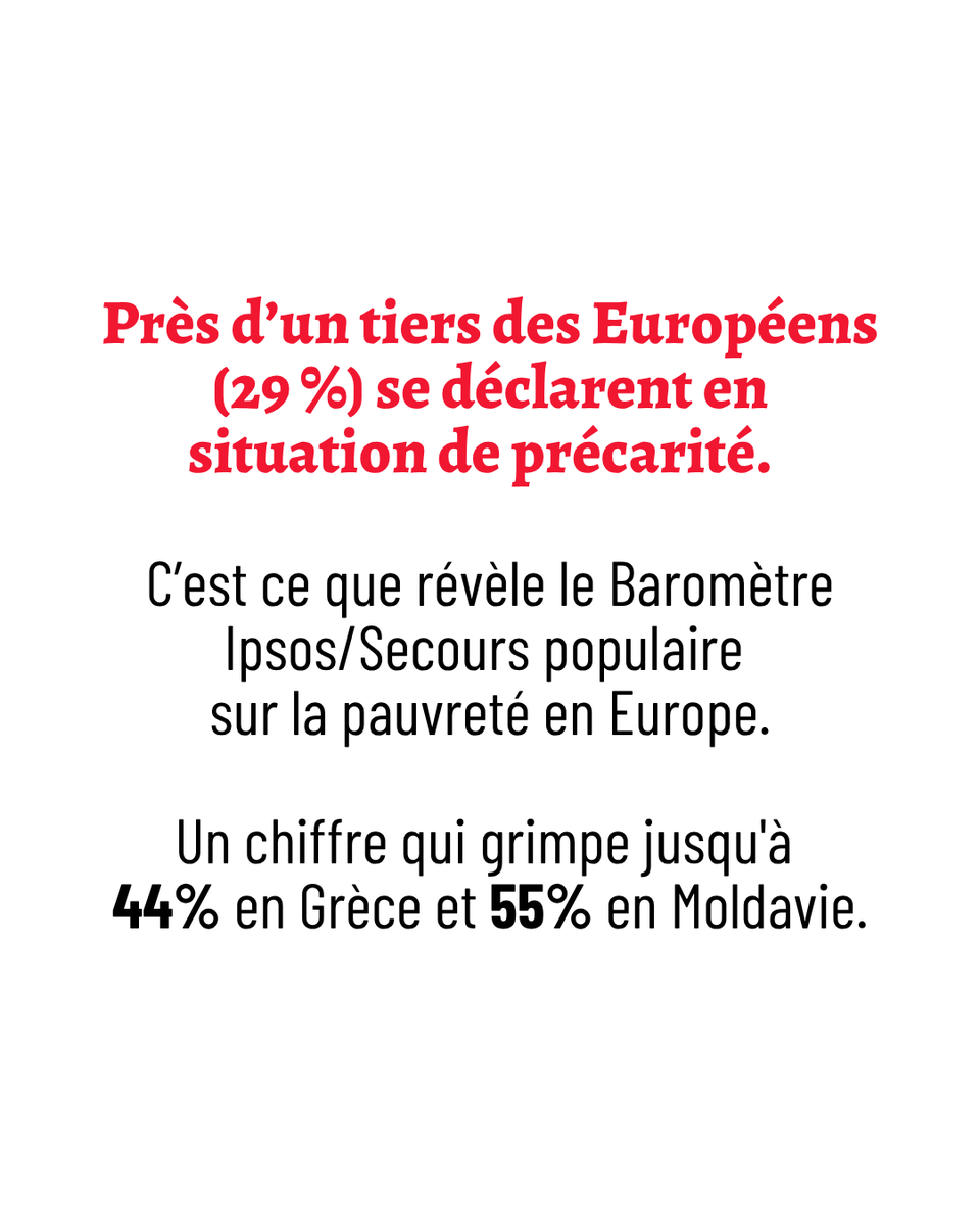 SecoursPop's tweet photo. 🔴 La précarité frappe de plein fouet l’#Europe.

Près d’un Européen sur trois est aujourd’hui en situation de précarité. Travailler ne suffit plus toujours pour s’en sortir. Se chauffer, se nourrir, payer ses factures… pour des millions de familles, chaque dépense devient un choix difficile et l’avenir une source d’angoisse.

Face à la précarité et à l’exclusion, nous agissons avec nos partenaires européens pour améliorer concrètement le quotidien des familles.

👉 Découvrez notre 20eme baromètre @Ipsos /Secours populaire de la pauvreté et de la précarité : https://t.co/O0KE1yd0e6

👉 Rejoignez-nous. Faites un don.

#StopPauvreté #StopPovertyEurope
(1/3)