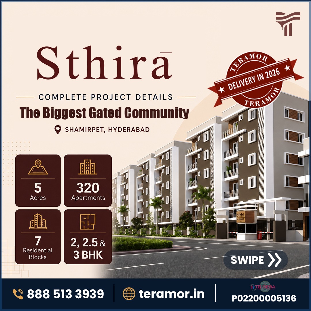 TeramorDev's tweet photo. Looking for a home in Shamirpet? Sthira by Teramor
📍 Shamirpet, Hyderabad
🏘️ 5 Acres | 320 Homes
🏢 7 G+5 Low-Rise Blocks
🛏️ 2, 2.5 &amp; 3 BHK
🛣️ ~3 mins from ORR Exit 7
🔑 Delivery 2026
RERA: P02200005136
🌐 https://t.co/757C6vSWTq
#Shamirpet #HyderabadRealEstate #SthiraByTeramor https://t.co/m00hWqhG0n