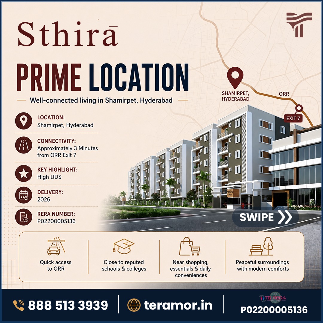 TeramorDev's tweet photo. Looking for a home in Shamirpet? Sthira by Teramor
📍 Shamirpet, Hyderabad
🏘️ 5 Acres | 320 Homes
🏢 7 G+5 Low-Rise Blocks
🛏️ 2, 2.5 &amp; 3 BHK
🛣️ ~3 mins from ORR Exit 7
🔑 Delivery 2026
RERA: P02200005136
🌐 https://t.co/757C6vSWTq
#Shamirpet #HyderabadRealEstate #SthiraByTeramor https://t.co/m00hWqhG0n
