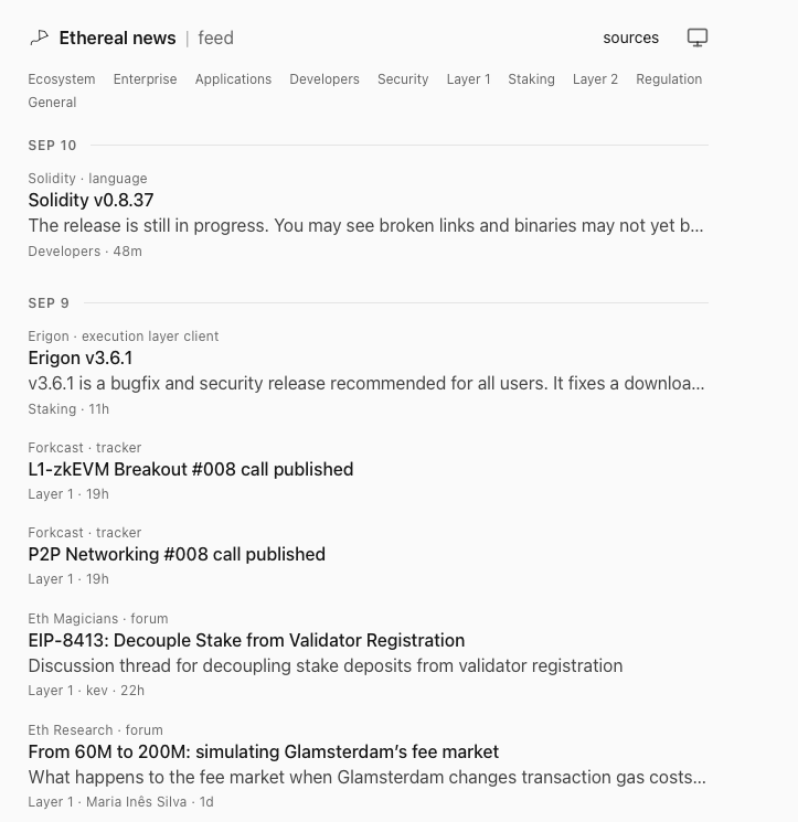 abcoathup's tweet photo. Added a public feed of primary sources to @EtherealnewsHQ.  

Still early, need to add EIPs/ERCs and more blogs.  It's based on the internal feed I've been using for part of my news gathering.

@jwmeyer's @ethernewscc sources page inspired including a public sources page for Ethereal news feed.

https://t.co/WDSXzWfDFU