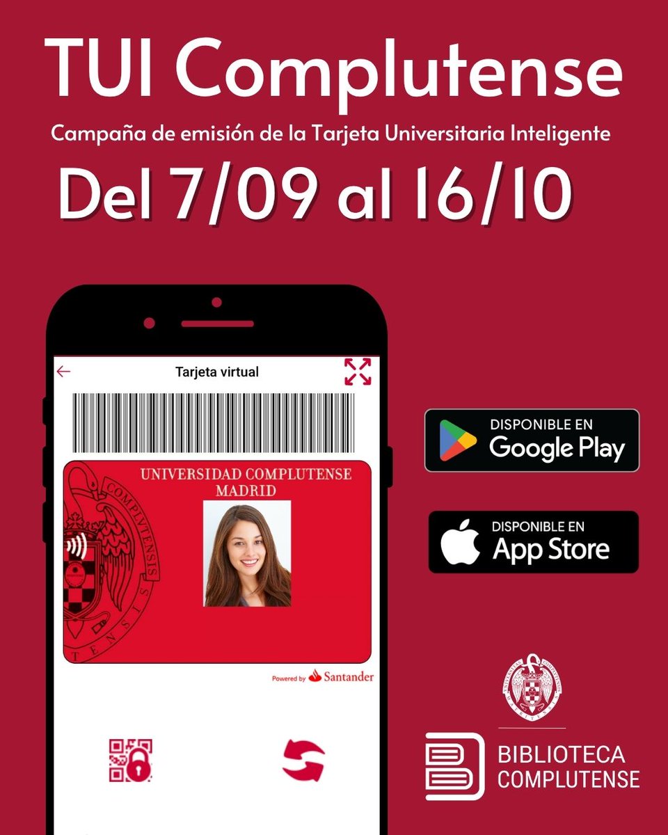 BComplutense's tweet photo. 🔴Ya ha comenzado la campaña de emisión del carnet de @unicomplutense.
🔴Hasta el 16 de octubre puedes solicitar cita https://t.co/9C277l4LvY. Acude el día y la hora señalados al punto de emisión escogido.
🔴El carnet te dará acceso a los servicios de la #BibliotecaComplutense https://t.co/D24jZa1oXv
