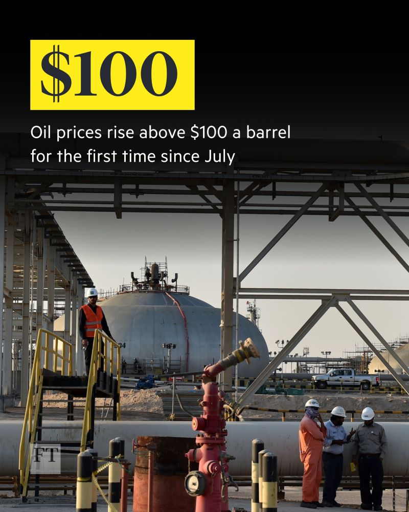 ProfRekik's tweet photo. FT:Oil prices rose above $100 a barrel on Wednesday as an escalation of hostilities in the Middle East raised fears over global supplies. Brent crude, the international oil benchmark, rose 2.1% to just over $100 a barrel, topping $100 for the first time since July24
#oilprices https://t.co/IHKqHajSxq