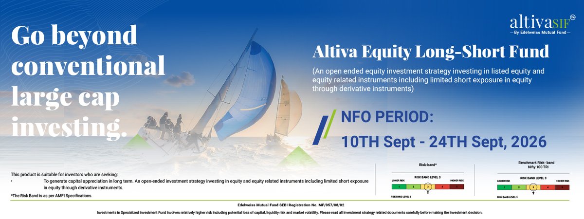 sif360official's tweet photo. New SIF NFO

Edelweiss Mutual Fund’s Altiva Equity Long-Short Fund opens for subscription today.

NFO Period: 10 - 24 September 2026

Understand the strategy in detail - https://t.co/6oC2OVGGFM

The strategy focuses on equity investing with limited short exposure through derivatives.

#SIF #SIF360 #NFO #Edelweiss #Altiva