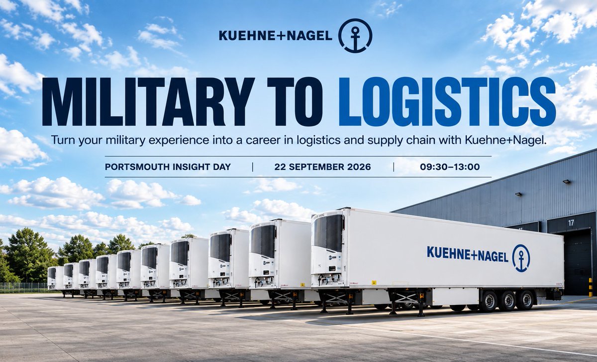 _BFRS_'s tweet photo. Could your military experience be the start of a career in logistics?

Join Kuehne+Nagel in Portsmouth on Tuesday 22 September for an exclusive Insight Day for the Armed Forces Community.

Register FREE:
https://t.co/YNlfq5dDyz

#BFRS #KuehneNagel #ArmedForcesCommunity #Service https://t.co/n8yoW96fgJ