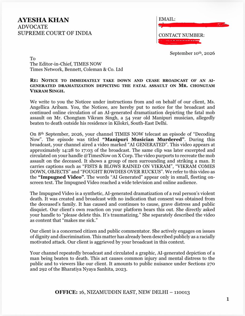 AngellicAribam's tweet photo. My legal counsel has sent a notice to @TimesNow to immediately remove the AI video depicting the murder of Chongtham Vikram Singh and issue a public apology within 24 hours. @DEKAMEGHNA https://t.co/4VqVAo94LF
