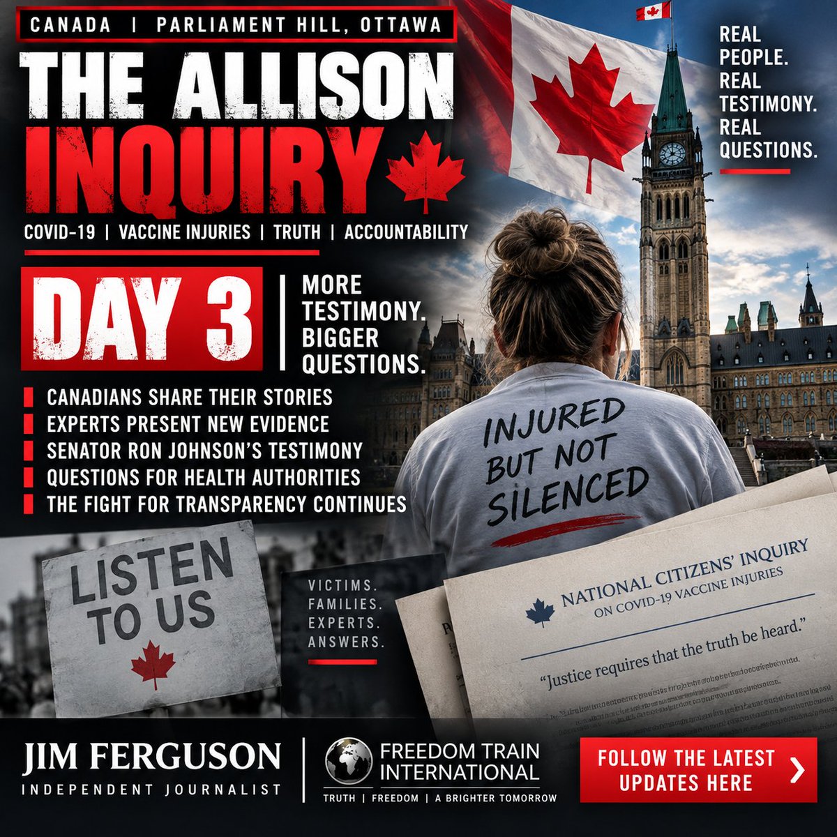 JimFergusonUK's tweet photo. 🚨🇨🇦 THE ALLISON INQUIRY — DAY 3 BEGINS TODAY

The testimony continues on Parliament Hill in Ottawa.

For the past two days, Canadians have come forward to tell their stories publicly — alongside medical, scientific and legal evidence being examined by the Inquiry.

Yesterday brought a significant international dimension, including testimony from US Senator Ron Johnson and discussion of documents from his Senate investigation into the handling of COVID-19 vaccine safety signals.

Today, Day 3 continues.

More witnesses.

More testimony.

More evidence to examine.

And more questions for Canada's health authorities and political institutions.

Whatever your position on COVID policy or vaccination, people who believe they were injured deserve to be heard — and claims made during these proceedings deserve to be tested against the evidence.

I'll be following the Inquiry again today and bringing you the important developments as they happen.

THE ALLISON INQUIRY — DAY 3

OTTAWA, CANADA

I'll post the live coverage and updates here.