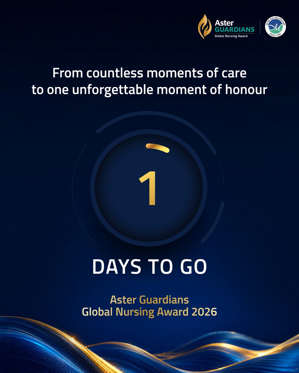 ASTERHealthcare's tweet photo. Just 1 day to go!
Tomorrow, we celebrate the nurse who has gone above and beyond to make a lasting difference and discover this year’s Nursing Guardian.
The Aster Guardians Global Nursing Award 2026 is almost here.
#1DayToGo #AsterGuardians2026  #NursesInTheSpotlight https://t.co/uWbQYosDqB