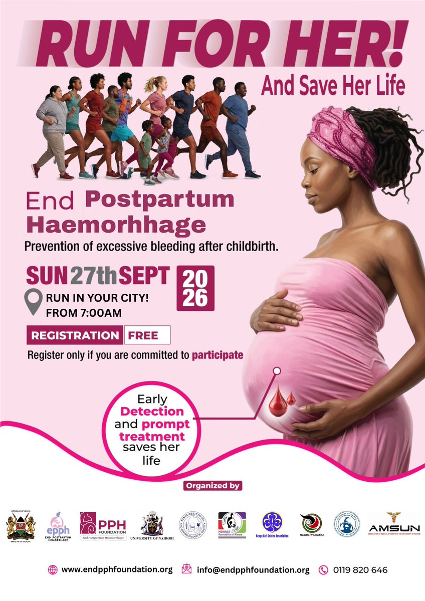 endPPH's tweet photo. 🏃🏾‍♀️ RUN FOR HER! AND SAVE HER LIFE! ❤️

This September 27, 2026, we run for a cause that matters.

Join the 3rd International END PPH Run For Her at Ulinzi Sports Complex, Lang’ata Road, as we come together to raise awareness and take action against postpartum haemorrhage (PPH) excessive bleeding after childbirth.

Every step is a statement. Every participant is a champion for safer motherhood. Every voice brings us closer to a future where no mother dies while giving birth.

📅 Sunday, 27 September 2026
📍 Ulinzi Sports Complex, Lang’ata Road
🎟️ Registration is FREE

👉 Register now: https://t.co/csddw2xuZQ

Don’t just hear the call. Run for her. Run to save her life. 🏃🏾‍♂️🏃🏾‍♀️

#ENDPPH #NoMotherShouldDieWhileGivingBirth #ZeroRatePPH #TogethertoEndPPH