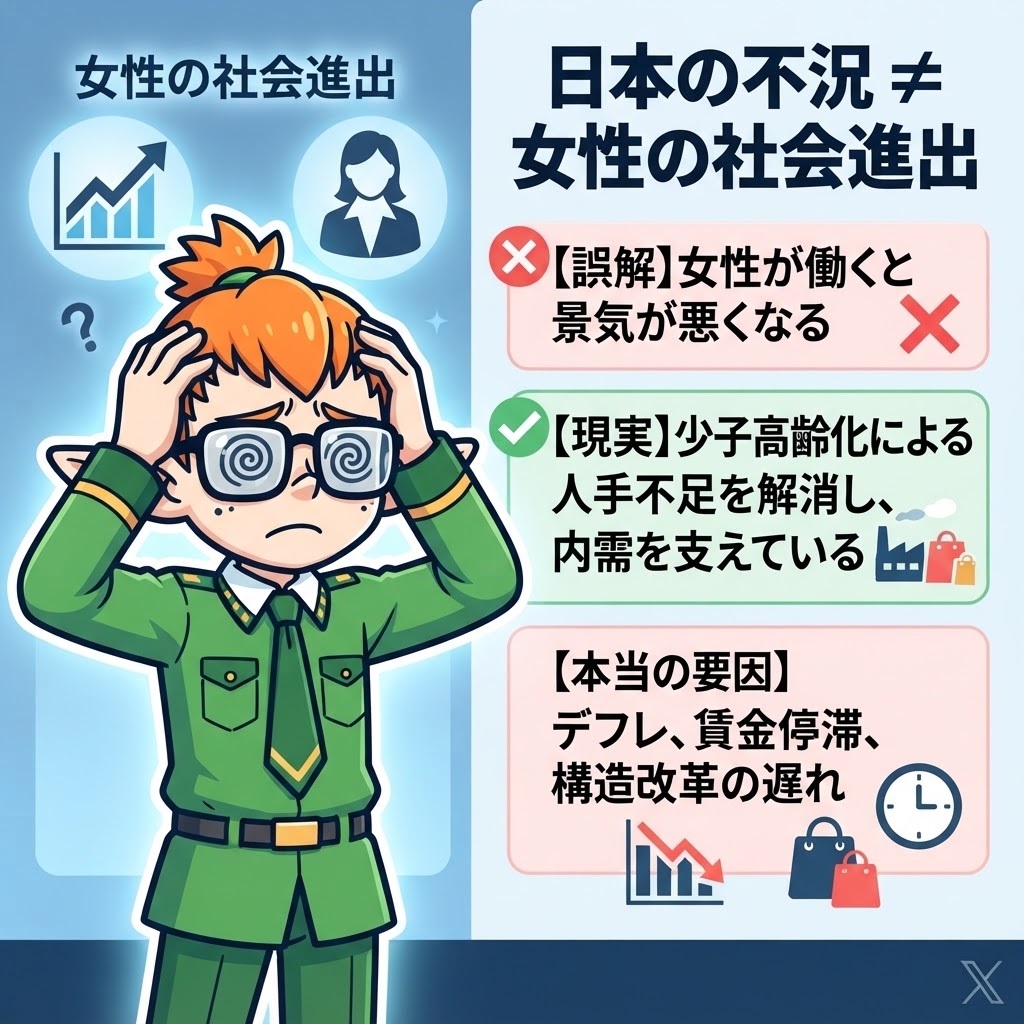 hansolo0225's tweet photo. 「日本の不況は女性の社会進出が原因」
                          ってマジで言ってる…？

労働人口が激減する少子高齢化の日���で、女性の進出がなければ人手不足でインフラごと経済崩壊してたのが現実。
バブル崩壊後の賃金停滞やデフレの元凶をそこにすり替えるの、さすがに因果関係がバグりすぎてて草。

#経済 #社会構造 #労働環境 #ブルバ𝟭𝟬𝟬