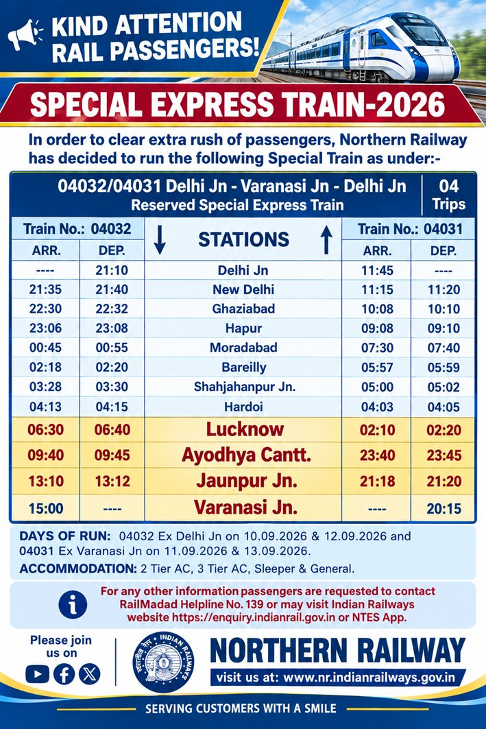 SrDOMLKO's tweet photo. In view of the increasing passenger demand for the upcoming Festival Season 2026, Northern Railways have decided to run the following Special Express Trains (TOD). https://t.co/YCD3v1qIbO