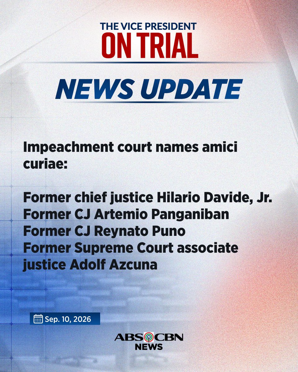 ABSCBNNews's tweet photo. The impeachment court names amici curiae who will give expert advice on the impeachment conviction threshold. #VPOnTrial | via @RG_Cruz12479 https://t.co/uwYXeGluNP