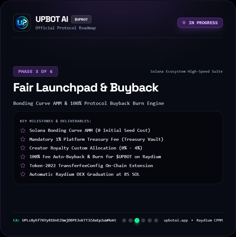 upbotaidev's tweet photo. Phase 3 is coming soon.

The UPBOT Fair Launchpad on @solana & Deflationary Buyback Engine:

0 Seed Cost Token Creation via Bonding Curve
1% Mandatory Platform Fee fueling $UPBOT Buyback & Burn
0% - 4% Custom Creator Royalties
Auto-Graduation to Raydium at 85 SOL
Native Token-2022 Transfer Fee Integration
Every new token launch drives $UPBOT volume and scarcity.

CA: UPLs8yhf76YyB1DnEZGmjDBPE3okTT3ZdaEp2uWMo6t

$UPBOT #Solana