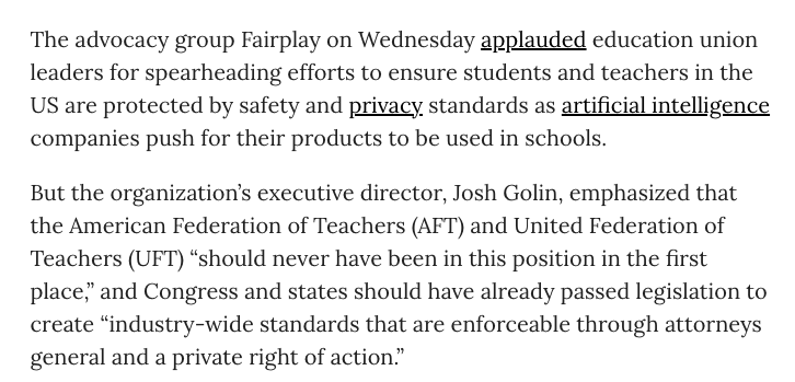 fairplayforkids's tweet photo. 🤖🎒Fairplay’s Executive Director Josh Golin on the AFT + Microsoft deal: “With our elected leaders failing to live up to their responsibilities, we are left with an agreement that places an unfair burden on schools &amp; doesn’t do enough to keep kids safe.” 🔗 in comments! https://t.co/9w4tKvZt9Q