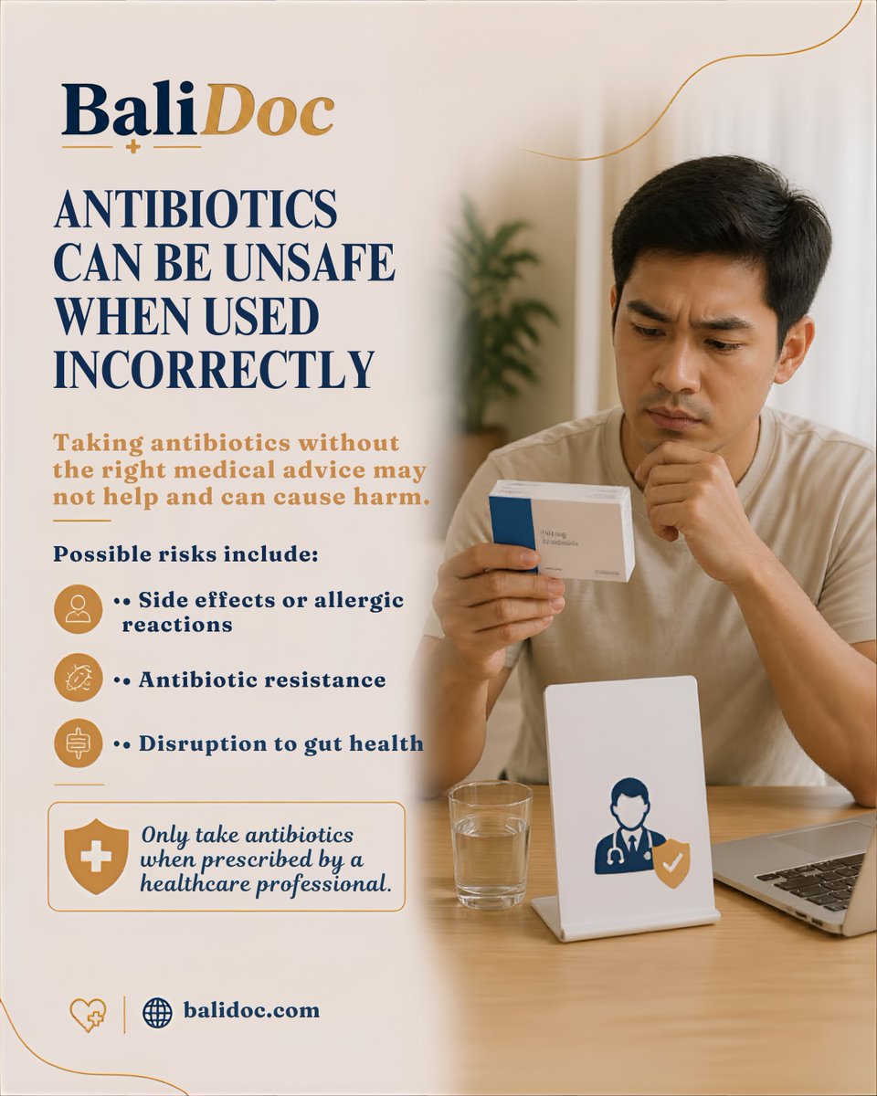 BaliDoc_'s tweet photo. Not every stomach problem needs antibiotics.

For mild diarrhoea, nausea, or vomiting, fluids, oral rehydration solution, light food, and rest may help. Antibiotics should only be taken when prescribed, as using them incorrectly can cause side effects and antibiotic resistance.

Seek medical advice if you notice blood in your stool, high fever, severe or worsening pain, signs of dehydration, ongoing vomiting, or symptoms that don’t improve.

Feeling unwell in Bali? BaliDoc can assess your symptoms and guide your next steps. Visit https://t.co/FpHihAUM1w 💙

#BaliDoc #TravelHealth #StomachHealth #AntibioticAwareness #BaliTravel
