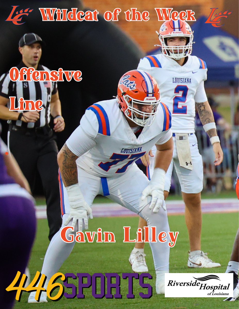 446Sports's tweet photo. Our Offensive Lineman Wildcat of the Week for @LCU_ftball is Senior @Gavinlilley4. Gavin was awarded the Big Brick Award from the Coaches for his performance against Langston. Voting this week along the O line was TOUGH as the entire unit played extremely well.

@CoachBenMc19 @CoachCoryYork