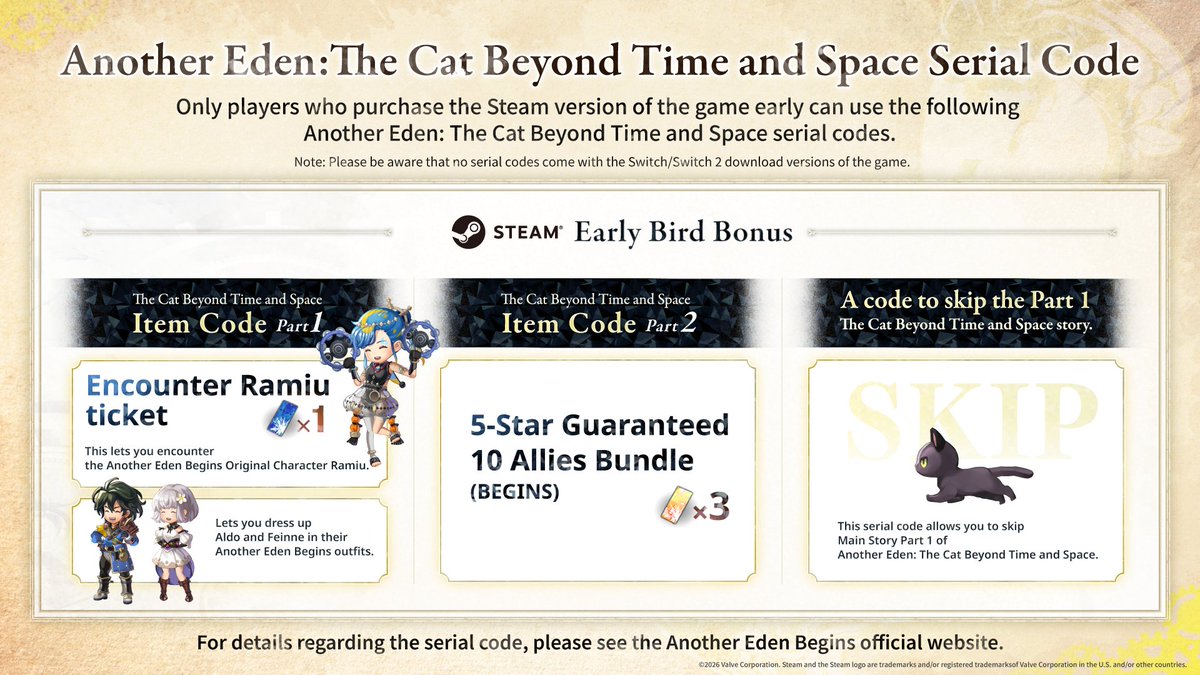 StudioPrisma_EN's tweet photo. [Another Eden Begins Information]
・The Another Eden Begins demo is now available!
・Check out how to get serial codes and more details!

See images for more details.

#AnotherEdenBegins https://t.co/NSqbXYyJvl